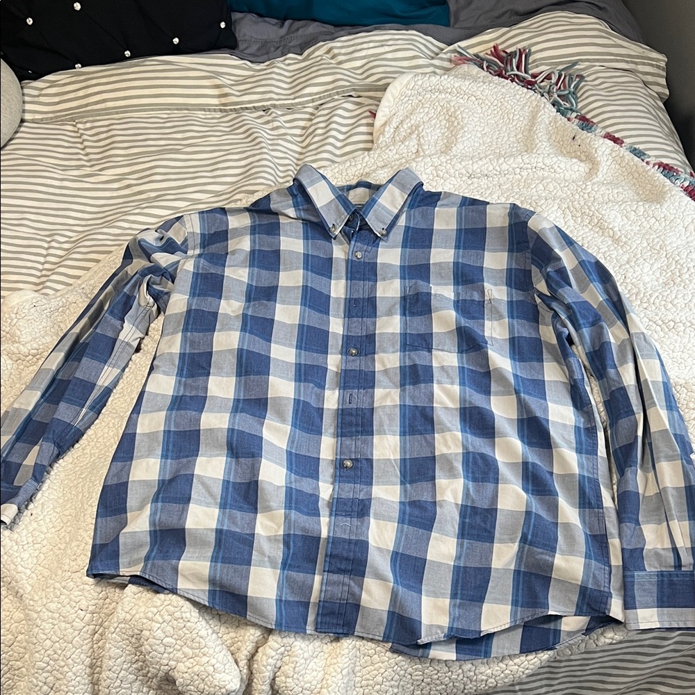 St. John's Bay Blue and Gray Plaid Button Down Shirt